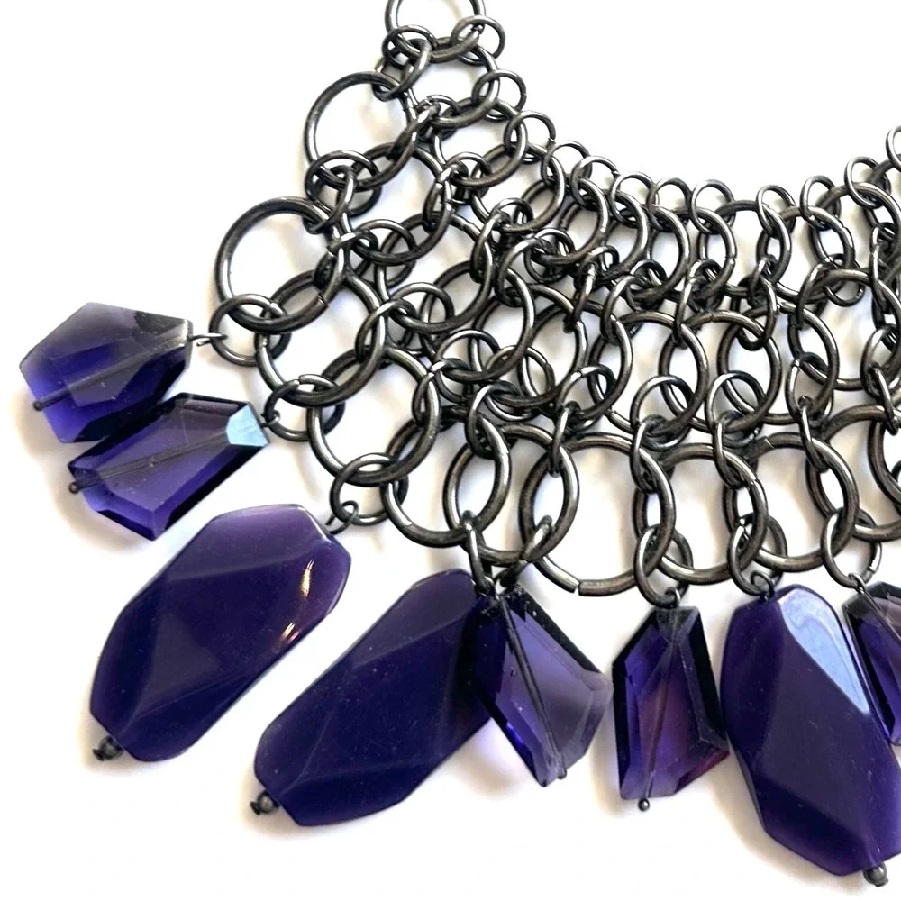 Chicos Gunmetal Chain Necklace Purple Faceted Gem‎ Dangle Statement